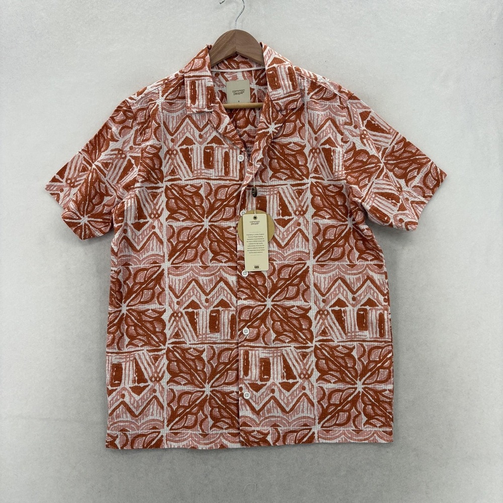Common People Mezzo Seersucker Shirt Mens Small Orange Short Sleeve Button Up